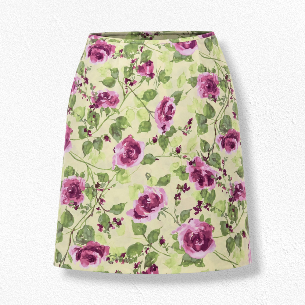Vintage 90s Light Green Floral Pink Rose Norton McNaughton Midi Skirt Size XL